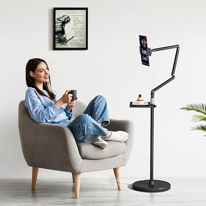 Houele Tablet Floor Stand with Removable Tray, iPad Floor Stand Holder for Bed, Height Adjustable Tablet Mount iPad Holder for 4.7”-15.6” Tablets iPads and Phones