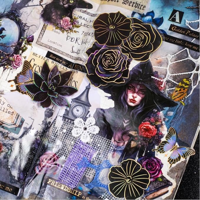 120 Pieces Gothic PET Stickers for Journaling Adults, Black Rose Flowers with Gold Foil Edges, Floral Sticker for Scrapbooking, Junk Journal, Bujo, Collage, Planners, Card Making