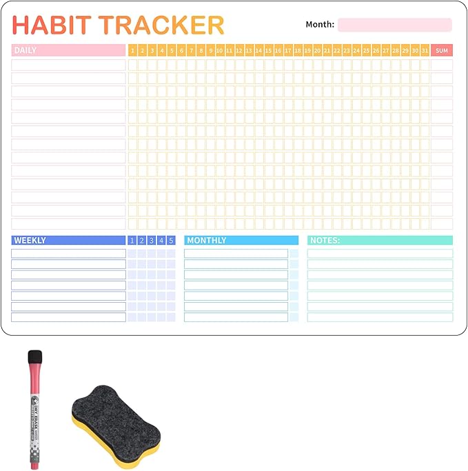 Habit Tracker Calendar Magnetic Whiteboard for Refrigerator,Daily Weekly and Monthly Habit Tracker Journal Workout Motivation Goal Planner Journal