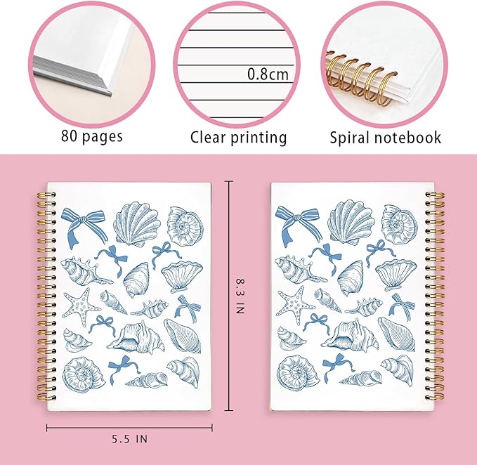 Blue Beach Notebook, Retro Ocean Notebooks for Note Taking, Coquette Blue Bow Beach Journal, Coastal Ocean Journals for Writing, Gifts for Beach Lovers, 5.5x8.3 Inch