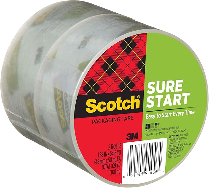 Scotch Sure Start Shipping Packaging Tape 1.88 x 54.6 yd Designed for Packing Shipping and Mailing Quiet Unwind No Splitting or Tearing 3 Core Clear 2 Rolls (3450-2)