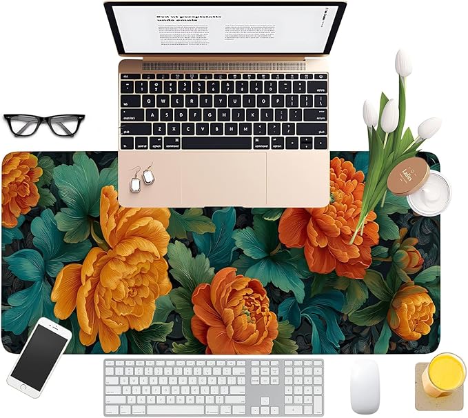 Retro Flower Extended Gaming Mouse Pad 31.5x11.8inches Large Desk Mat Anti-Slip Rubber Base & Durable Stitched Edges for Gamers Smooth Mouse Writing Surface for Desk Office/Home