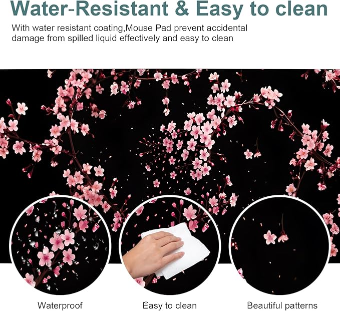 Cherry Blossom Falling Extended Gaming Mouse Pad XL 31.5"x11.8" – Pink Floral Desk Mat – Non-Slip Rubber Base, Stitched Edges