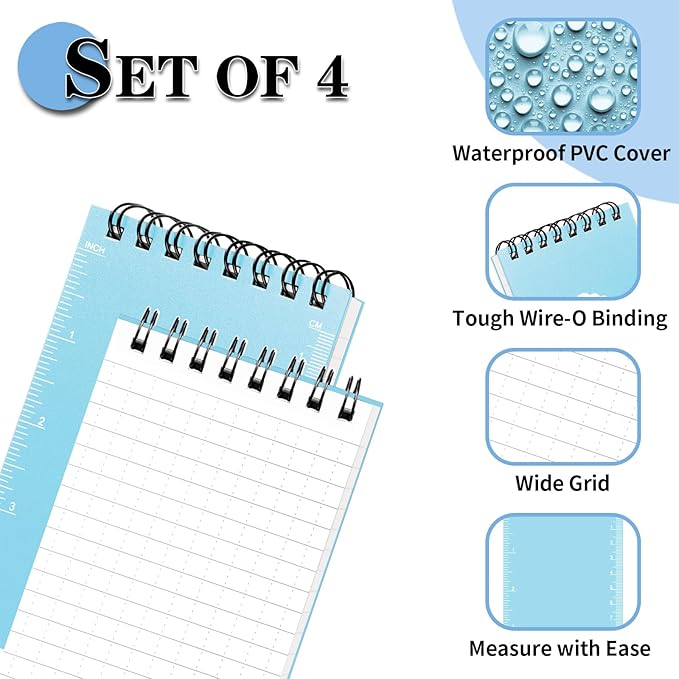 Waterproof Notebook, 4 Pack Top-Spiral Pocket Notepad, 3" x 5" Weatherproof NotePad, All Weather Police Pocket Notebook Little Memo Steno Note Pads for Outdoor Office School Recording, Blue