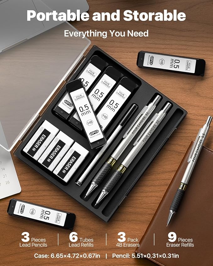 Metal Mechanical Pencil Set - 3PCS 0.5mm Art Mechanical Pencils & 360PCS HB Lead Refills & 3PCS Erasers & 9PCS Eraser Refills, Drawing Mechanical Pencils for Writing, Sketching -With Case