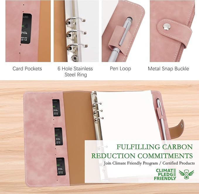 FYY A5 Binder Refillable Planner Notebook 6 Ring PU Leather Binder Journal with Pockets, Dividers, Refill Paper Pink