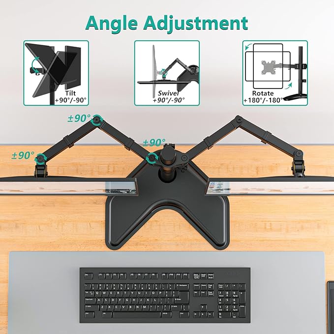 WALI Dual Monitor Stand for Desk, Monitor Stands for 2 Monitors up to 27 inch, Dual Monitors Mount Fits up to 22lbs, Free Standing Full Motion Dual Monitors Arm for Desk (MF002), Black