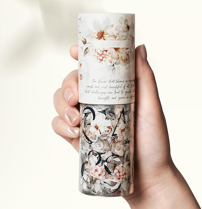 WT Pre-Cut Rosé Scripts Wide Washi Tape, Single Roll, Original Designs, Blush Floral & Handwritten Script, Japanese Decorative Paper Tape, Junk Journal Scrapbook Bujo Planner DIY Craft Supplies