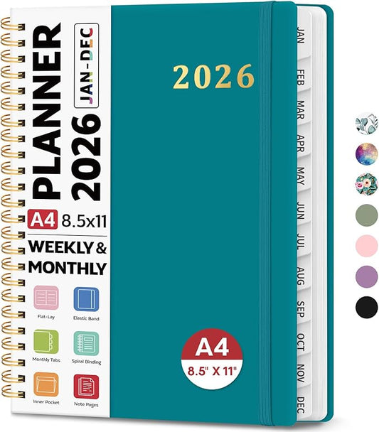 2026 Planner 8.5" x 11", Weekly and Monthly Calendar Planner Book, January 2026 - December 2026, Hardcover Spiral Planner with Monthly Tabs, Notes Pages, Perfect for Women & Men, A4 - Turquoise