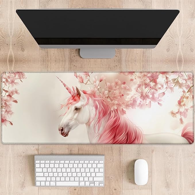 Elegant Unicorn Gaming Mouse Pad, Cute Unicorns with Pink Mane Large Desk Mat for Computer, Extended Keyboard Laptop Mouse Pads 31.5×11.8in, Non Slip Rubber Mousepad for Office Decor Gifts
