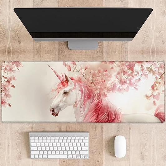 Elegant Unicorn Gaming Mouse Pad, Cute Unicorns with Pink Mane Large Desk Mat for Computer, Extended Keyboard Laptop Mouse Pads 31.5×11.8in, Non Slip Rubber Mousepad for Office Decor Gifts