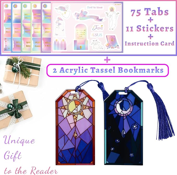 Bible Tabs with Acrylic Bookmark, Laminated Bible Tabs for Women Men, Christian Gifts, Large Print Bible Tabs for Easy Navigation, Bible Book Index Tabs Labels, Bible Study Supplies, RB3-99