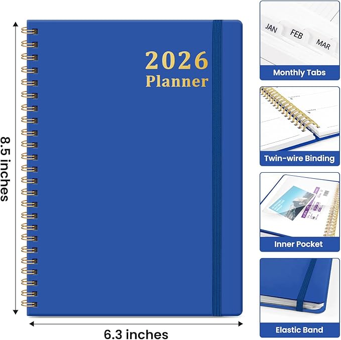 2026 Planner, Weekly and Monthly Calendar Planner, January 2026 - December 2026, Hardcover 2026 Calendar Book with Tabs For Women & Men, Inner Pocket, Spiral Bound, Perfect for Office Home School Supplies - A5 (6.3" x 8.5"), Royal Blue