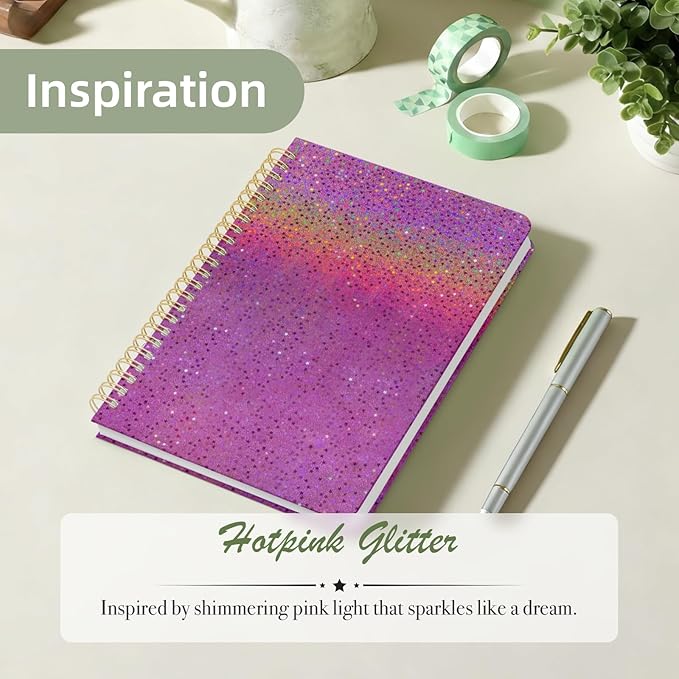 Stanoha Cute Spiral Notebook A5 Journal for Women Girls Kawaii Aesthetic Pretty Floral Design with Pocket, 8.5 x 5.7 inch, Graph, Pink Glitter