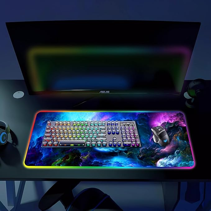 RGB Gaming Mouse Pad, Large Mousepad with Led Light, Keyboard Pad Gaming Accessories for Desk, Non-Slip Rubber Base Big Mouse Mat for Gamer, 31.5 X 11.8 Inch, Dazzling Galaxy