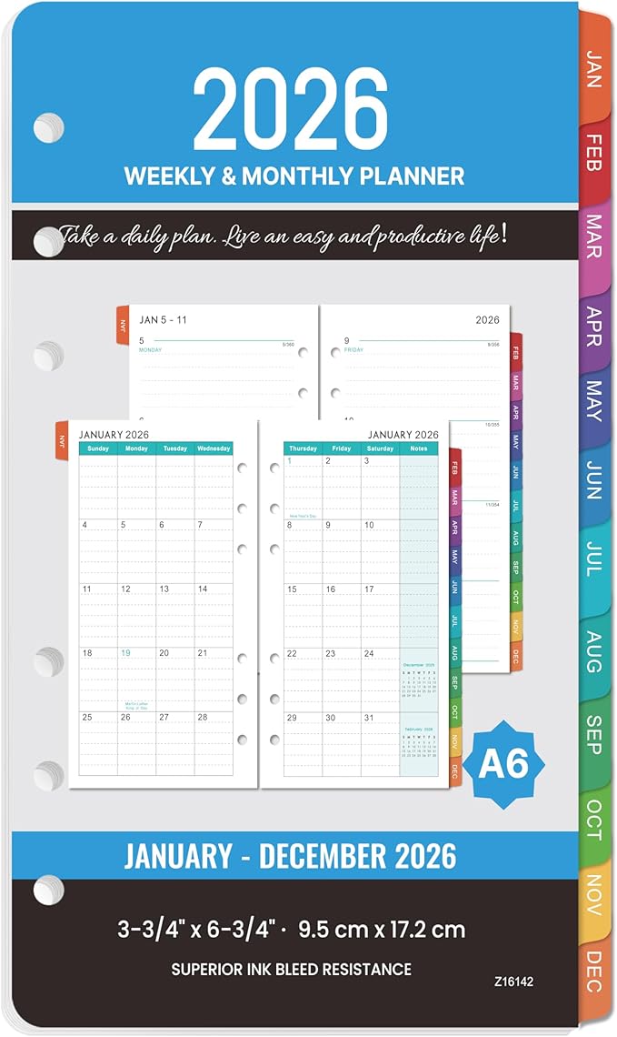 2026 Planner Refills - 4" x 7", A6 Weekly and Monthly Planner Inserts, Jan. 2026 - Dec. 2026, Planner Refills 2026, 6 Holes, Colorful Monthly Tabs
