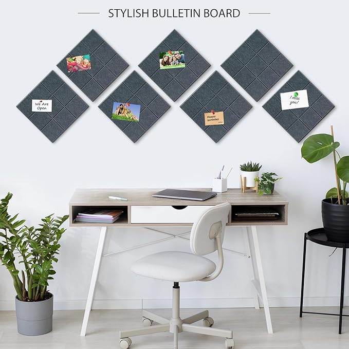 BXI Felt Bulletin Board - 12 X 12 X 3/8 Inches 6 Pcs Self-Adhesive Poster Cork Board with 30 Push Pins, Thick Pin Tiles Display Vision Board, Photo Picture Panels for Home Office Classroom Walls