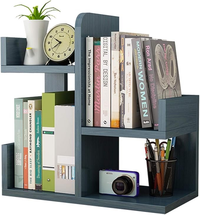 Wooden Desktop Shelf Small Bookshelf Mini Bookshelf Assembly countertop Bookcase Accessories Display Stand Office Supplies Desk Storage Box (Nordic Blue)