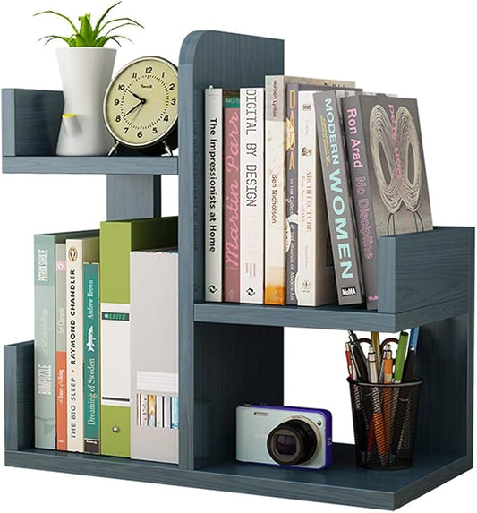 Wooden Desktop Shelf Small Bookshelf Mini Bookshelf Assembly countertop Bookcase Accessories Display Stand Office Supplies Desk Storage Box (Nordic Blue)