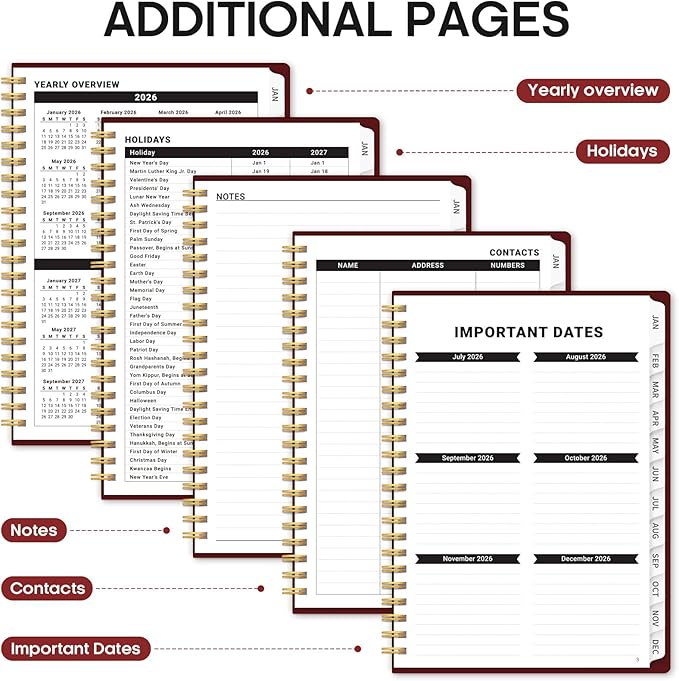 2026 Planner, Weekly and Monthly Calender Planner, Jan 2026 to Dec 2026, Hardcover 2026 Calendar Book with Tabs & Inner Pocket, Office Home School Supplies for Women & Men - A5 (6.3" x 8.5"), Burgundy