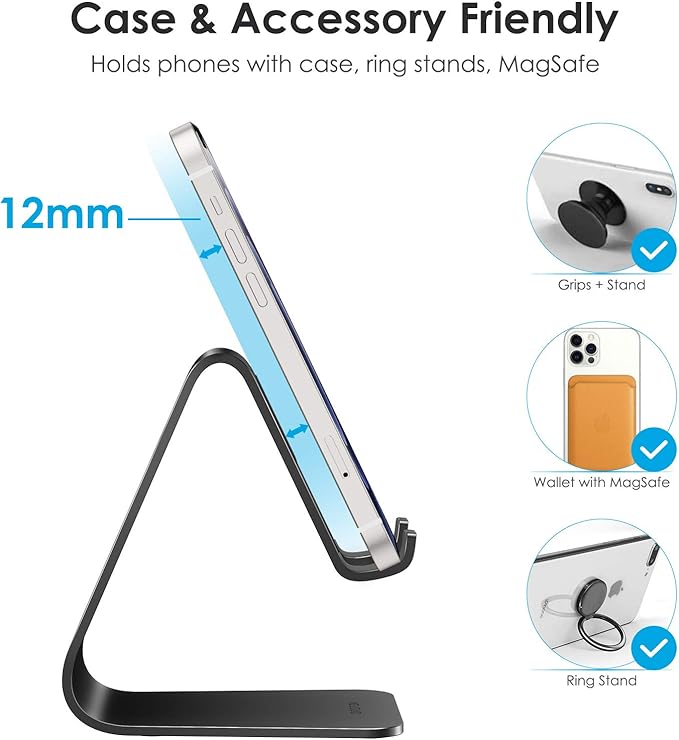 OMOTON Upgraded Aluminum Cell Phone Stand, C1 Durable Cellphone Dock with Protective Pads, Smart Stand Designed for iPhone 17 Air, 16/15/14/13 Pro Max XR XS, iPad mini, Android Phones, Black