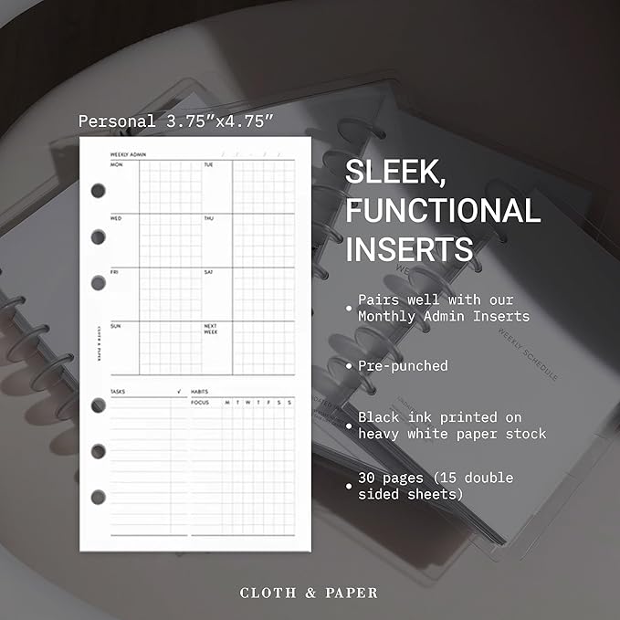 Cloth & Paper Weekly Admin Planner Inserts | Personal Size 3.75 x 6.75 Inches | 6 Ring Punch | Minimalist Monday Start Layout | Weekly Task List & Habit Tracker Refill for Personal 6 Ring Agendas