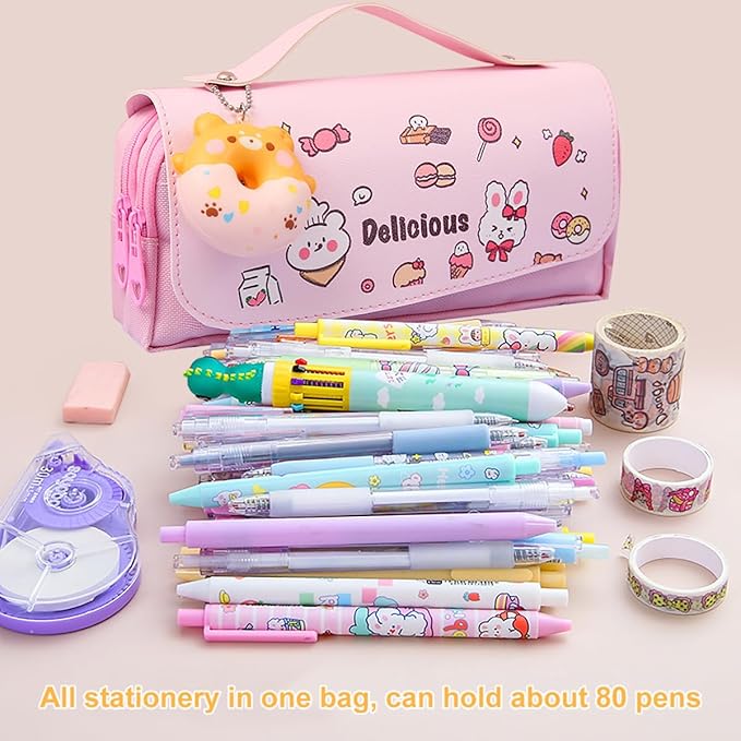 Pencil Case for Girls, Kids Large Capacity Cute Pencil Box with Compartments School Organizer Pen Pouch (Doughnut Pink)