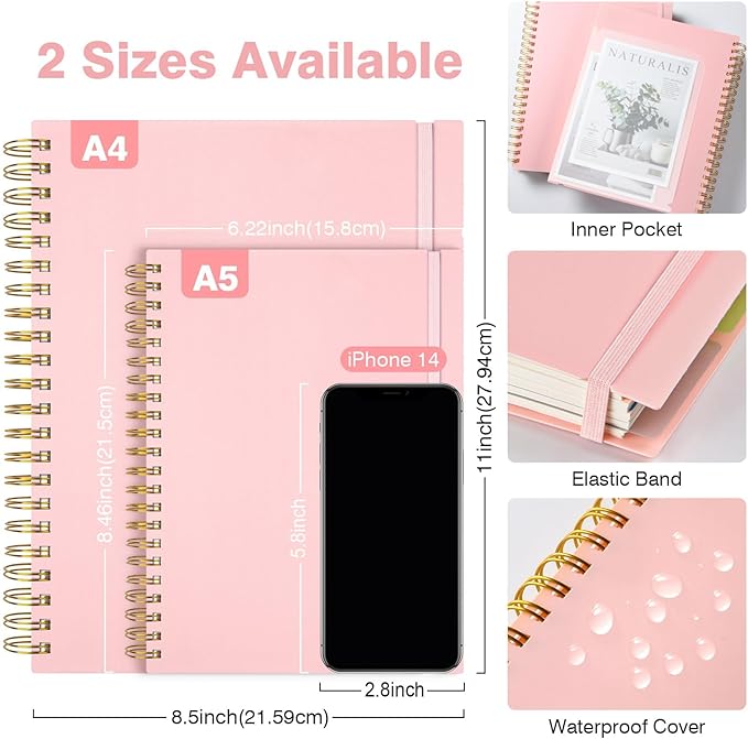 5 Subject Notebooks College Ruled, Spiral Lined Notebook with Removable Dividers, 300 Pages 100GSM Thick Spiral Writing Journal for Women & Men, Large A5 Notebooks for Work, School Supplies, 6" x 8"