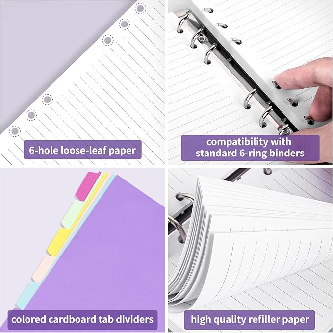 A6 Refill Paper Planner Inserts, 6-Hole Loose Leaf Paper, College Ruled Loose Leaf with Binder Dividers, Punched Notebook Refills for 6-Ring Refillable Binder, 240 Pages, White