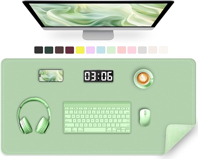 Large Desk Mat 35.4" x 17", PU Leather Desk Pad Protector, Non-Slip Large Mouse Pad for Desk, Waterproof Computer Desk Mat, Office Desk Pad for Keyboard Mouse (Light Green)