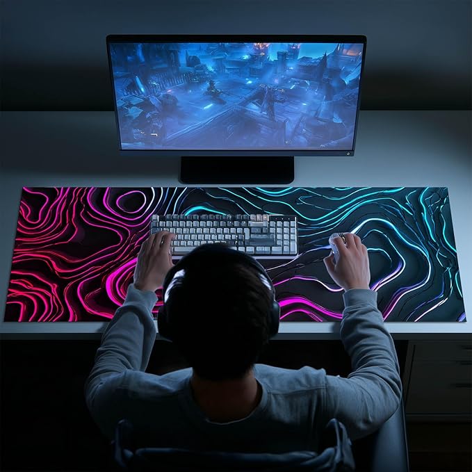Large Mouse Pad Gaming Mousepad 31.5 x 11.8 Inch Keyboard Desktop Mat Diatomite XL Mouse Pad for Home and Office Desk Accessories with Neon Abstract Wave Pattern Artwork Diatomite