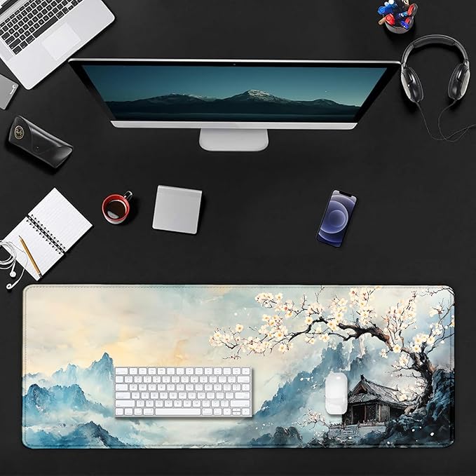 Large Cherry Blossom Japanese Mouse Pad, Desk Mat Computer Keyboard Pad Non-Slip Rubber Base Waterproof with Stitched Edges for Laptop Gaming, Office & Home 31.5 x 11.8 Inch