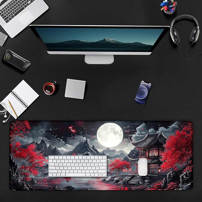 Japanese Mountain Red Full Moon Landscape Large Mouse Pad, Desk Mat Computer Keyboard Pad Non-Slip Rubber Base Waterproof with Stitched Edges for Laptop Gaming, Office & Home 31.5 x 11.8 Inch