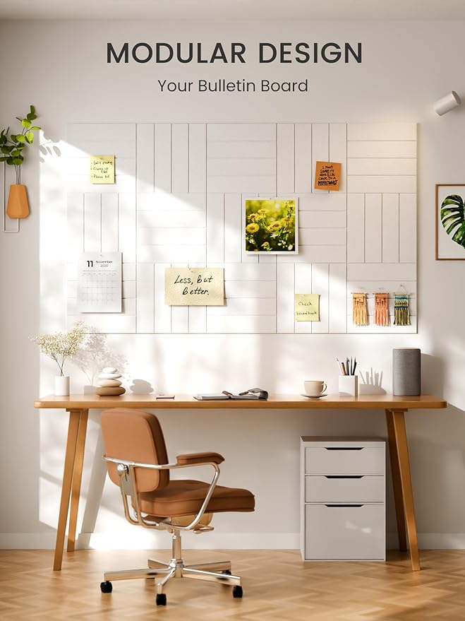 Bumusty Large Cork Board Alternative-48 x 36" Felt Bulletin Board Tiles, with 30 Pushpins, 70 Adhesive Tabs, 12-Pack Slat Wall Paneling, Cork Boards for Office Push Pin Board Felt Board-Milky White