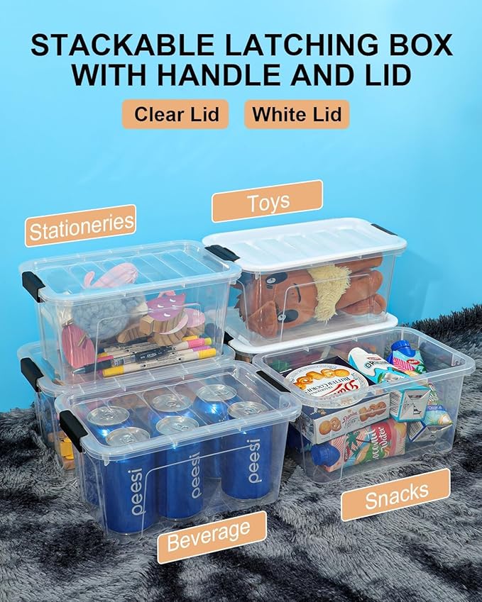 Plastic Storage Bins with Lids 6 Pack, 7 Quart Storage Containers With Black Buckle Latch, Stackable Storage Organizers for Home Pantry Office Classroom Organization, Clear