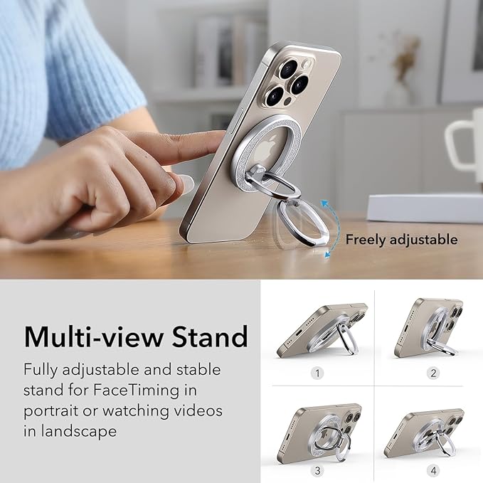 ESR Magnetic Phone Ring Holder, Compatible with MagSafe Ring Holder, Magnetic Phone Grip with Adjustable Stand, Compatible with MagSafe Phone Grip, for iPhone 16/15/14/13/12, S25, Rhinestone Silver