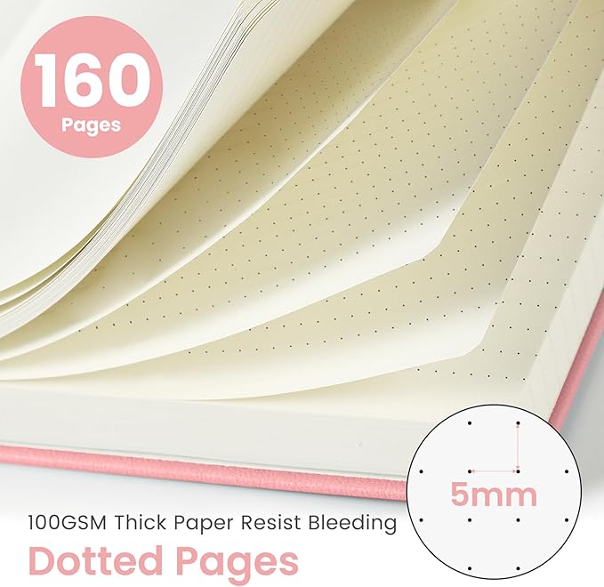 Taja Dotted Journal Notebook for Women & Men, Hardcover Leather Journal for Writing, A5 Dotted Journaling Notebook for Work & Sketching, Perfect for Office School Home Supplies, 160 Pages, Pink
