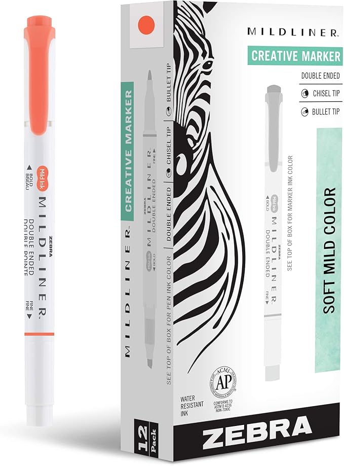 Zebra Pen Mildliner Double-Ended Highlighter Marker Set, Broad and Fine Point Tips, Ideal for Bible Highlighting, No Bleed Mild Vermillion Ink, 12-Pack (78230upc)