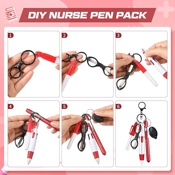 6 Pcs Nurse Pen Set Include Permanent Marker Pen Retractable Ballpoint Pen Keychain Clip Foldable Scissors Lights LED Flashlight Keychain for Nurse Accessories(Red)