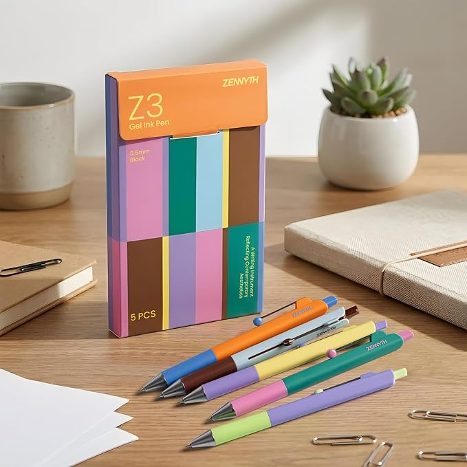 Gel Pens, 5 Pcs 0.5mm Black Ink Fine Point Pens Quick-Drying Retractable Pens with Diamond-Shaped Barrel, Smooth Writing Pens for Journaling & Note Taking (5 Pcs Z3 Color-Block)