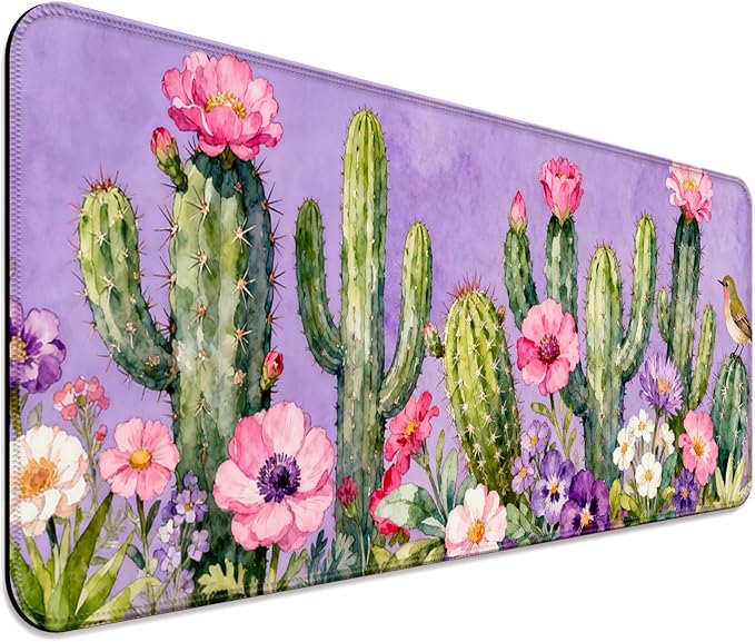 Beautiful Purple Watercolor Cactus XL Large Desk Mat, Extended Long Floral Aesthetics Desk Pad for Gaming and Office, Non-Slip Rubber Base, Comfortable Surface Mouse Pad, 31.5x11.8 in (H08)
