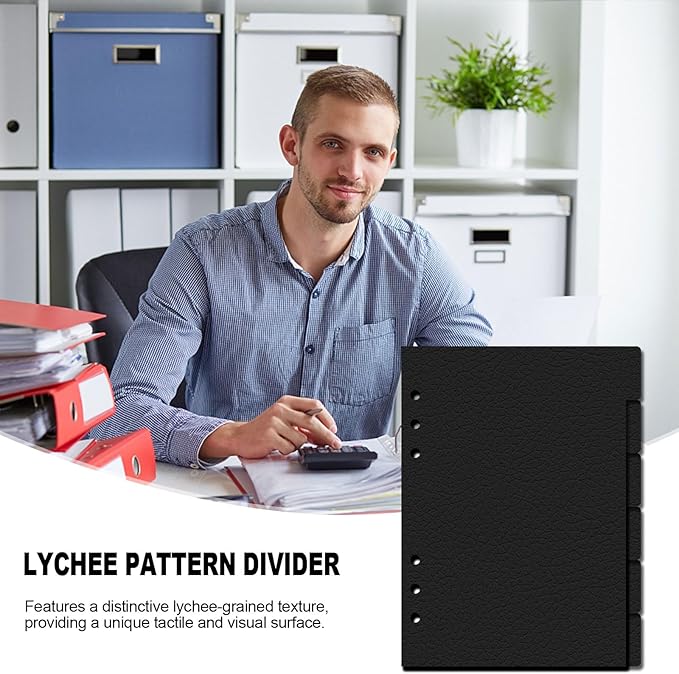 Koqye Leather Textured A5 6-Ring Binder Dividers with 6 Tabs, Black Paper Index Page Separators with Gold Stickers for Planner/Organizer (2 Set - 6 Tab with 1 Stickers)