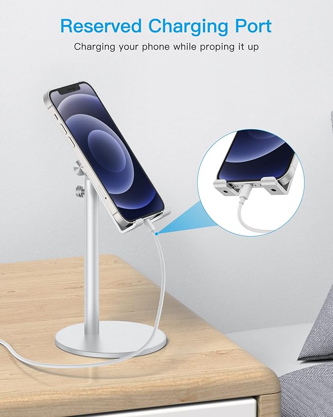 Cell Phone Stand, OMOTON Angle Height Adjustable Phone Stand, Aluminum Desktop Phone Holder Dock Stand for Desk, Compatible with iPhone 17 Pro Max, All Smartphones and Tablets(4-11''), Sliver