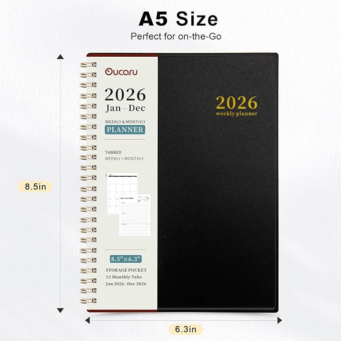 Oucaru 2026 Planner, Weekly and Monthly Planning Calendar, Jan 2026 - Dec 2026, 6.3" x 8.5", Spiral Bound, 12 Habit Trackers & Monthly Tabs, 2 Storage Pockets, Perfect for Office Home School Supplies