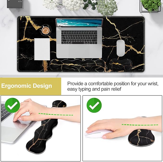 iLeadon Pad Set, Large Gaming Mouse Pad + Keyboard Wrist Rest + Mouse Pad with Wrist Support + Coaster, Easy Typing Pain Relief, 35.4x15.7in Desk Mat for Home Office, Black Gold Marble