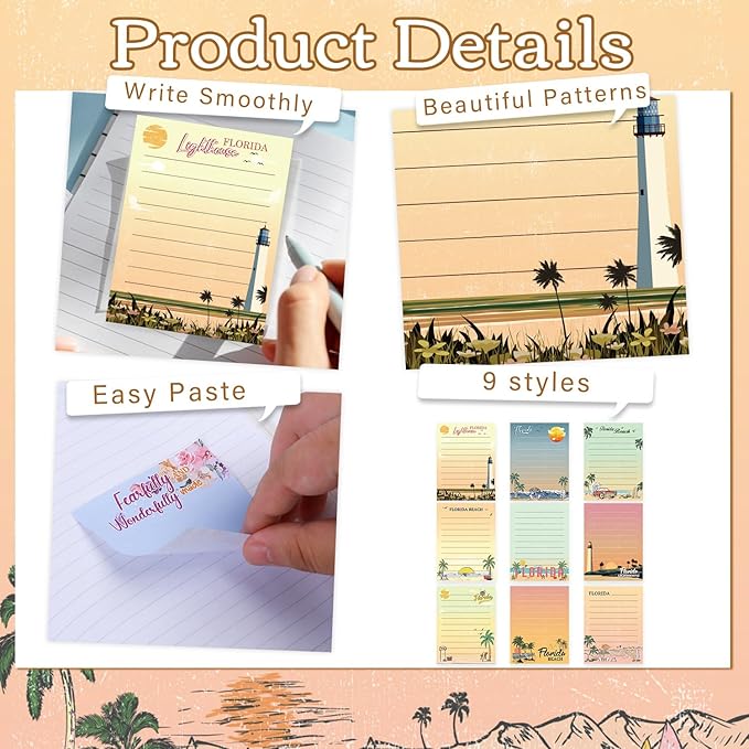 Florida Sticky Notes Gifts - 9 Pack Cute Sticky Notes 3x4 Inch Florida Beach Post Notepads Traveler Birthday Christmas Party Gifts Miami Post It Pads Office School Supplies 450 Sheets