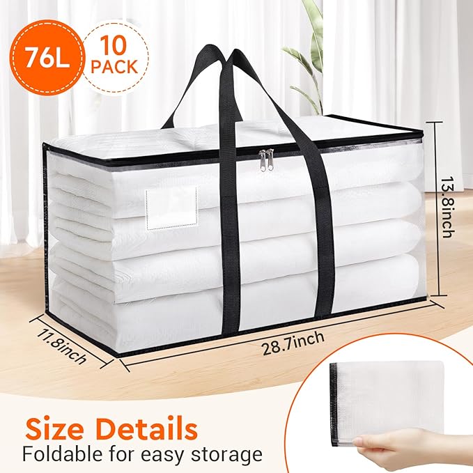 BlissTotes Moving Bags, 76L 10-Pack Storage Bags, Moving Box Heavy Duty Extra Large, Moving Totes with Zipper, Reinforced Handles Boxes for Packaging Moving, Decorative Wreath Storage