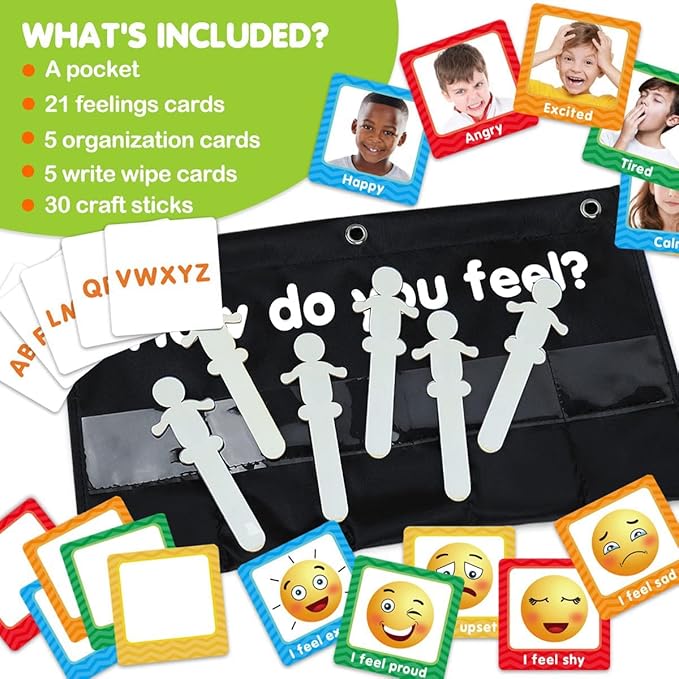 Eamay Emotions and Feelings Pocket Chart for Kids with 31 Cards,Social Emotional Learning Pocket Chart for Classroom and Home-School,Black (Black)