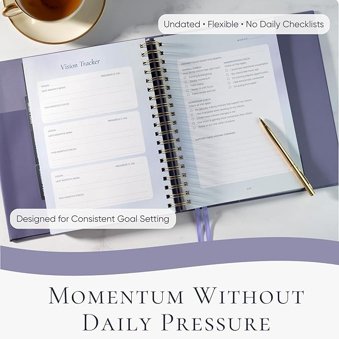Manifestation Journal & Vision Board Kit Guided Journal | Self Improvement & Goal Planner with Habit Tracker for Self Care | Undated Vegan Leather Hardcover | Visions in Motion Portable Vision Board (Purple)