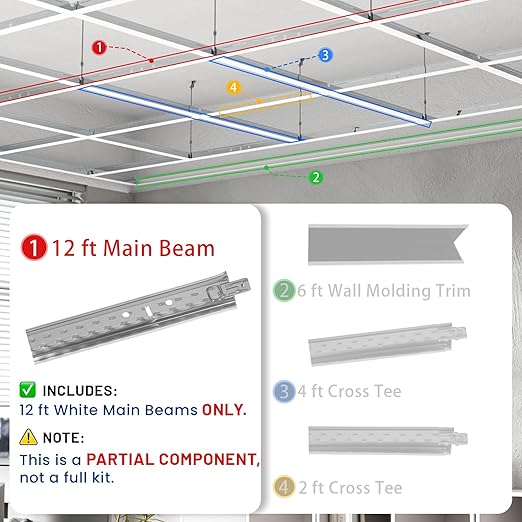 25 PCS 144 Inch Main Beam Cross Tee Drop Ceiling Grid System, 12 Ft Galvanized Steel Rust & Fire Resistance, Ideal for Basement Living Room Garage Kitchen Bathroom White